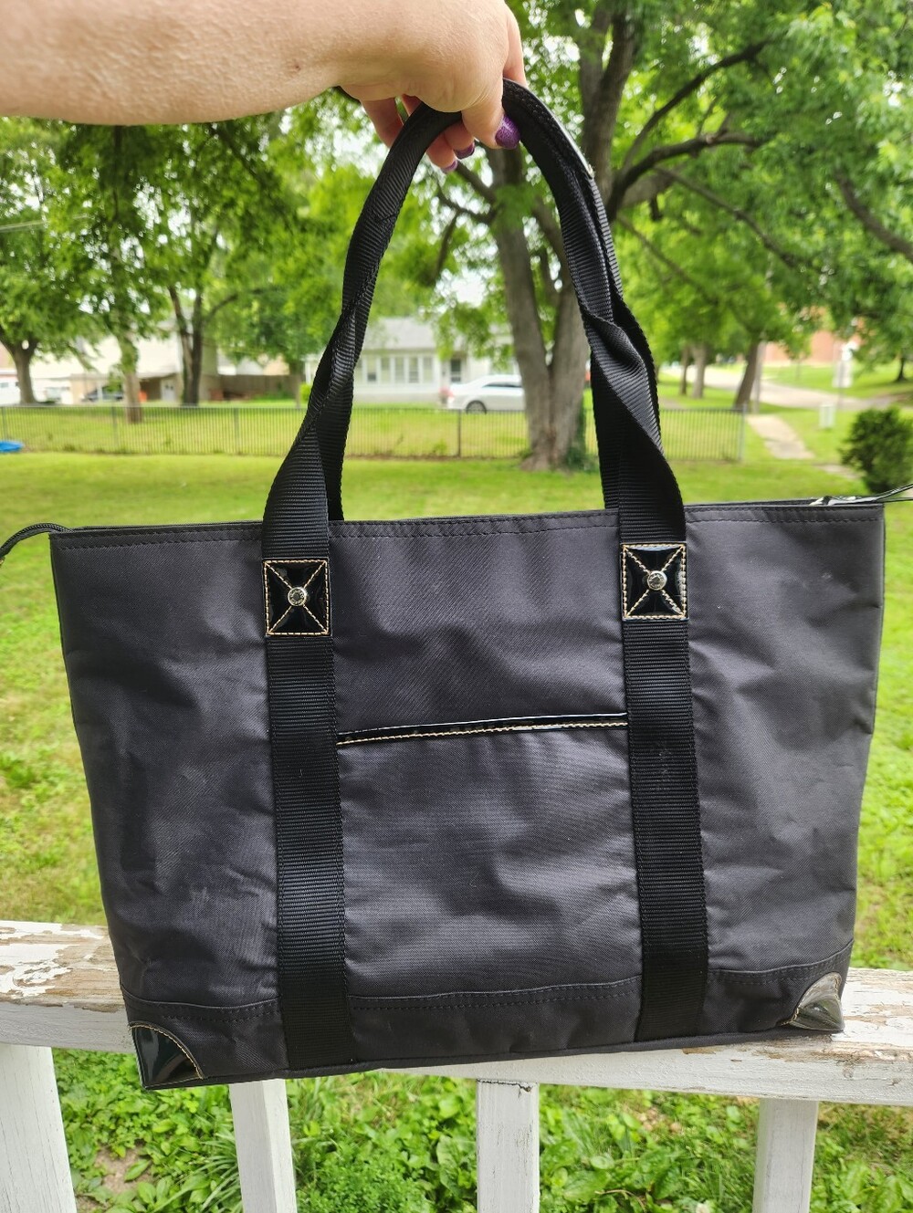 Franco Sarto Black Nylon Tote with Metal Logo Accent Zipper Closure Preloved - Picture 2 of 11